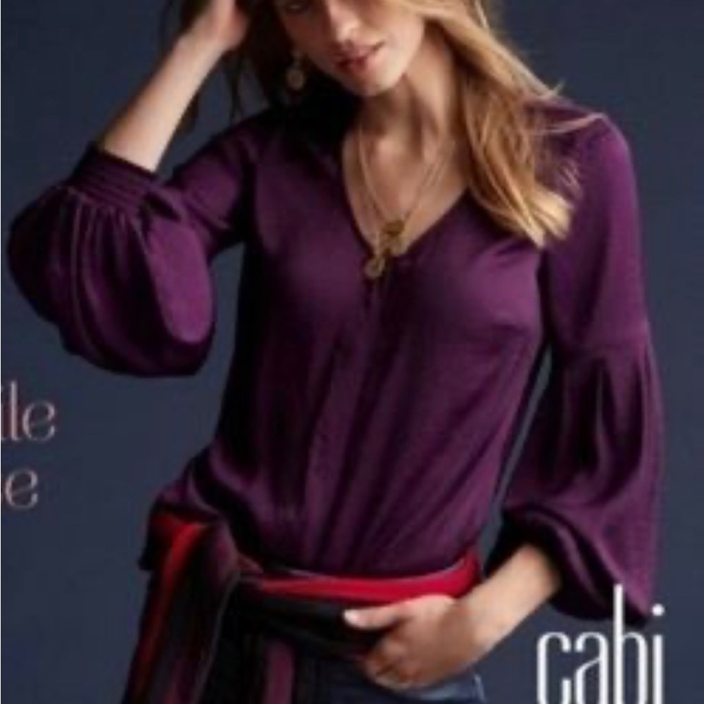 Cabi • #3693 Beguille Balloon Sleeve Plum/Maroon Blouse, Large
